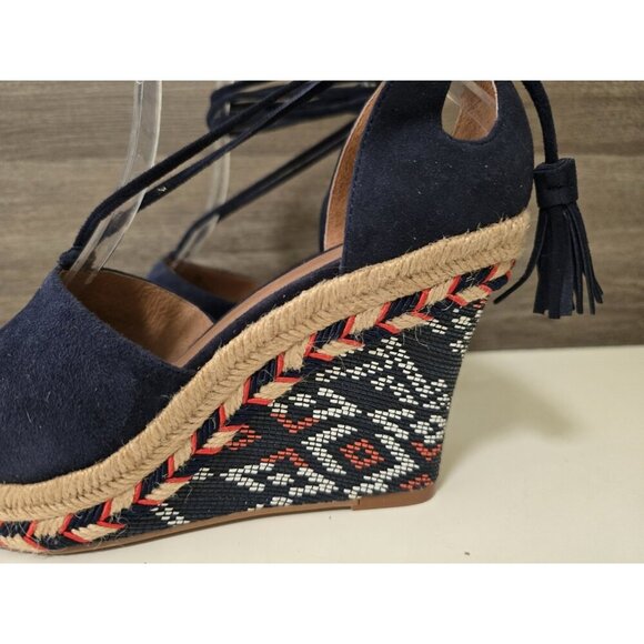 CAbi Isla Wedge Espadrille Sandals Size 7 Navy Blue Multi Tassel Strap - Picture 6 of 7